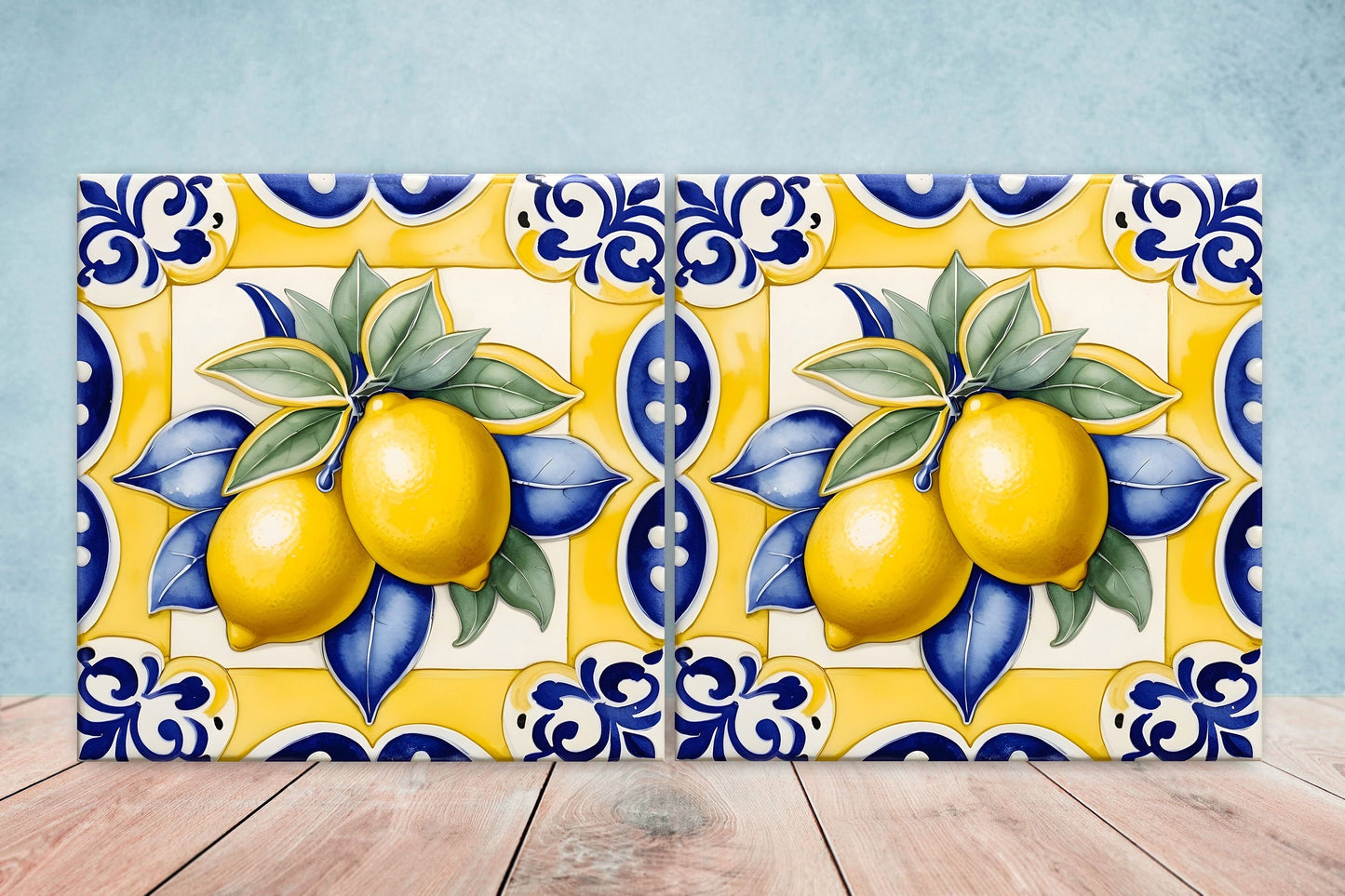 Italian Majolica Lemon Tiles - Set of 2 Italian Wall Decor Tiles - Kitchen Backsplash Tiles, Table Decorative Tiles, Bathroom Tiles, Coaster