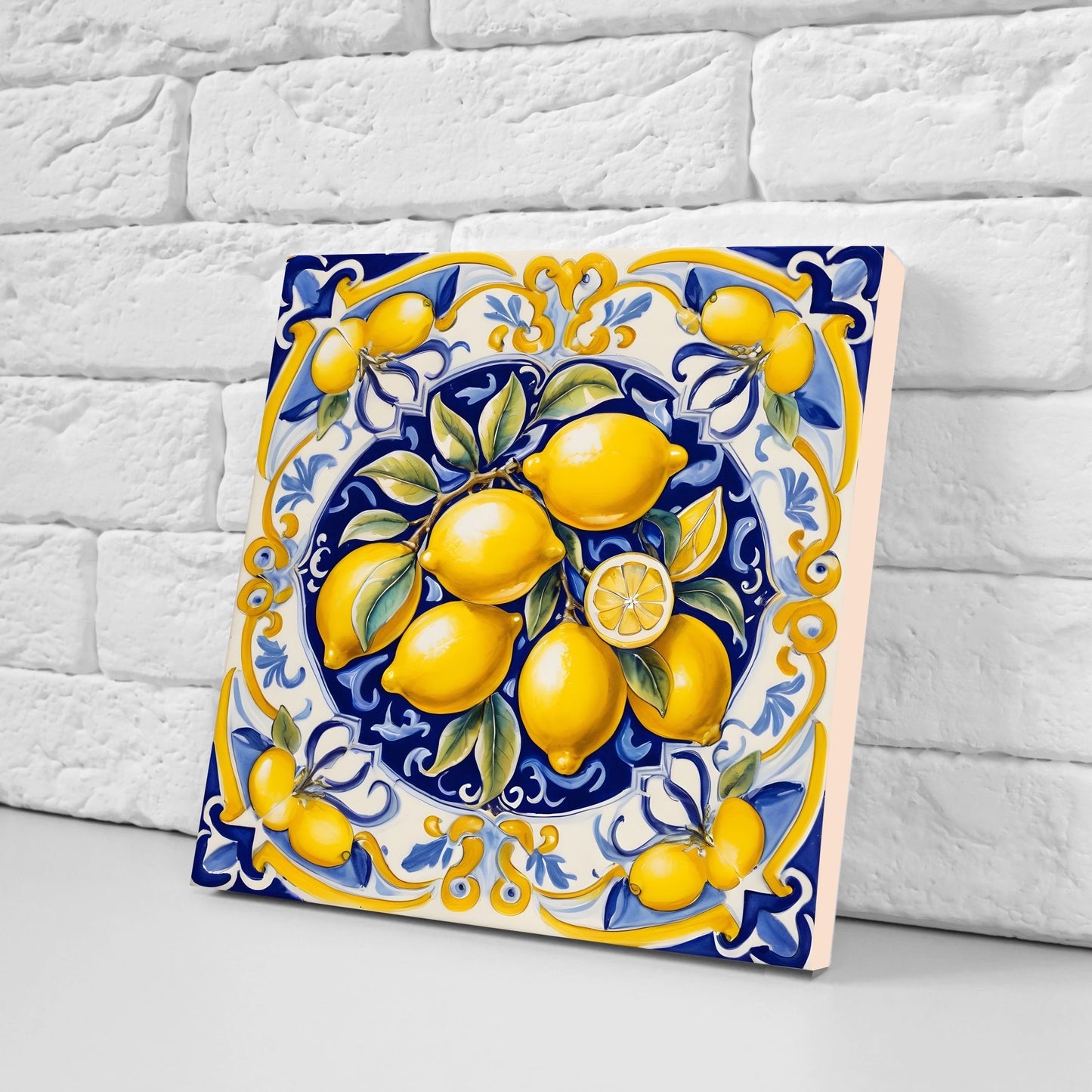Italian Majolica Lemon Tiles - Set of 2 Italian Wall Decor Tiles - Kitchen Backsplash Tiles, Table Decorative Tiles, Bathroom Tiles, Coaster