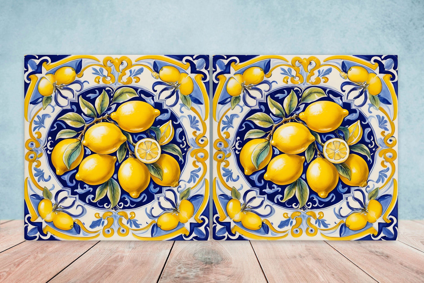 Italian Majolica Lemon Tiles - Set of 2 Italian Wall Decor Tiles - Kitchen Backsplash Tiles, Table Decorative Tiles, Bathroom Tiles, Coaster