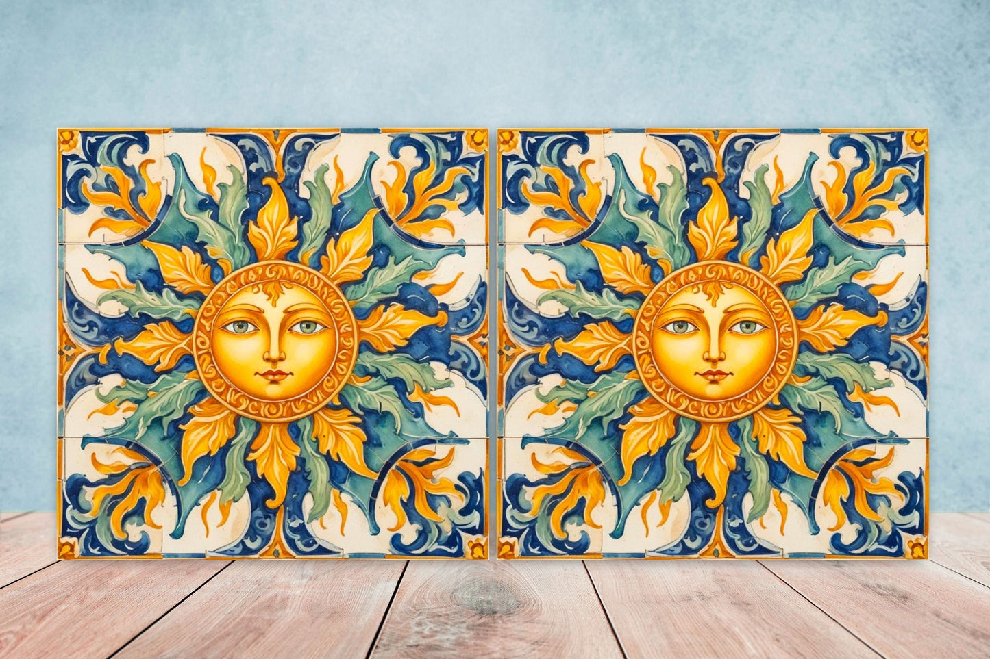 Italian Majolica Sun Tiles - Set of 2 Italian Wall Decor Tiles - Kitchen Backsplash Tiles, Table Decorative Tiles, Bathroom Tiles, Coaster
