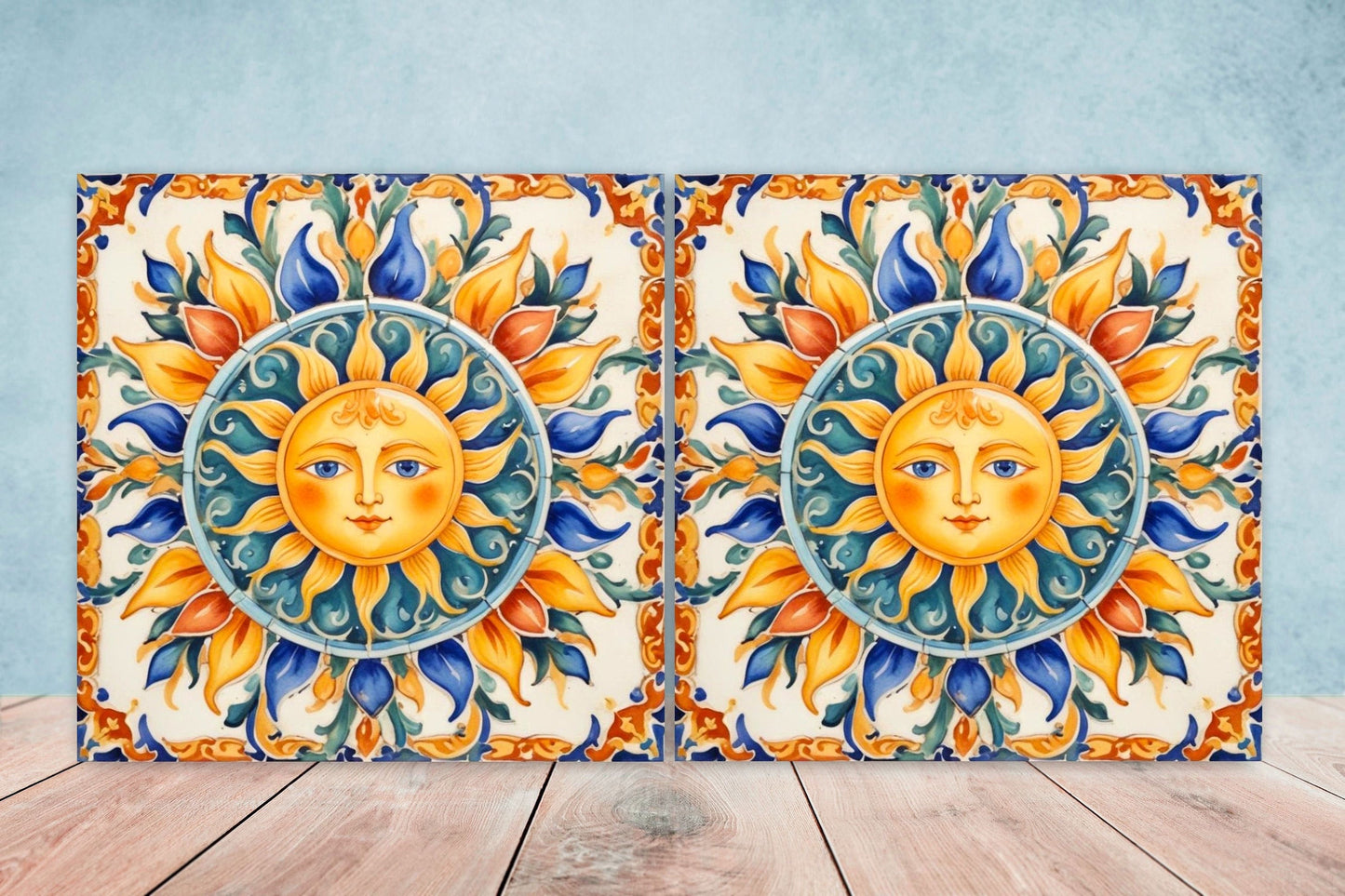 Italian Majolica Sun Tiles - Set of 2 Italian Wall Decor Tiles - Kitchen Backsplash Tiles, Table Decorative Tiles, Bathroom Tiles, Coaster
