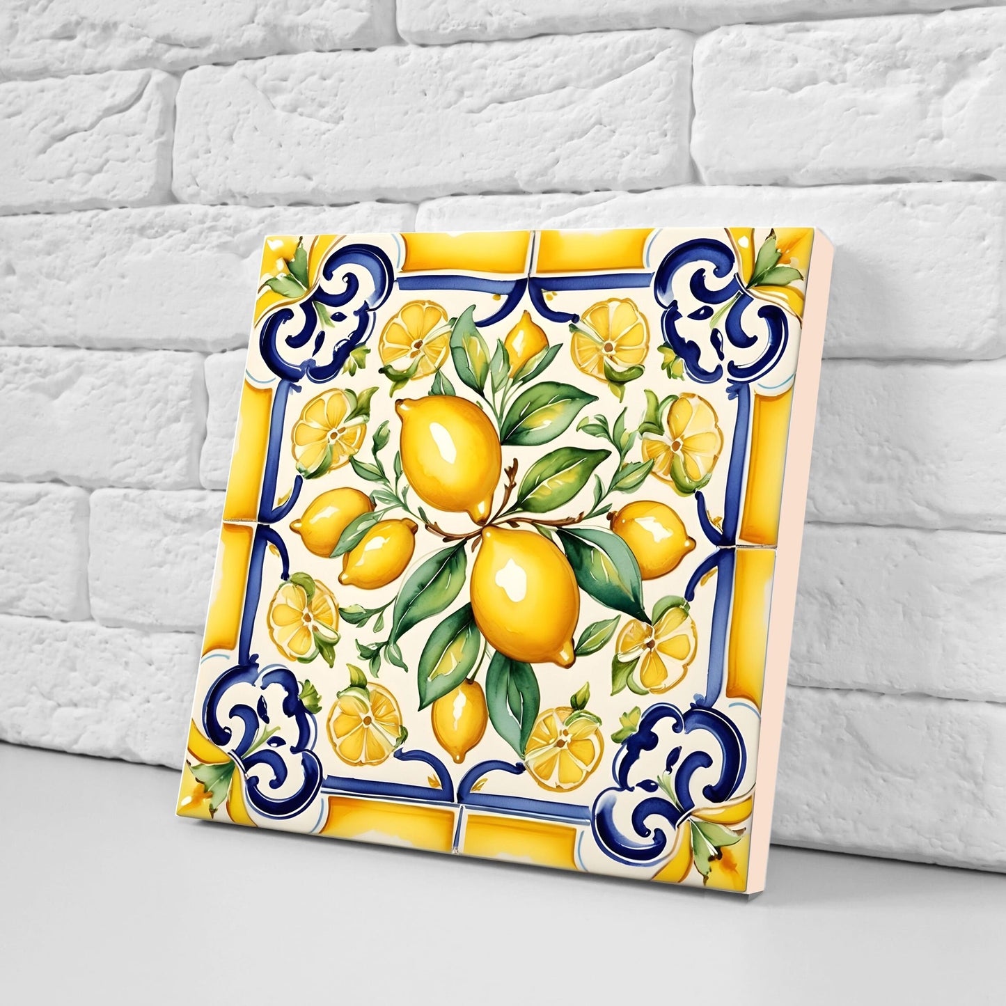 Italian Majolica Lemon Tiles - Set of 2 Italian Wall Decor Tiles - Kitchen Backsplash Tiles, Table Decorative Tiles, Bathroom Tiles, Coaster