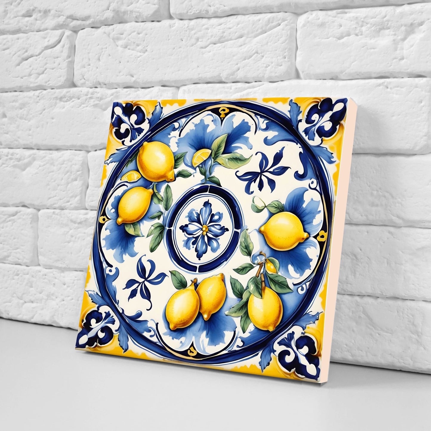 Italian Majolica Lemon Tiles - Set of 2 Italian Wall Decor Tiles - Kitchen Backsplash Tiles, Table Decorative Tiles, Bathroom Tiles, Coaster