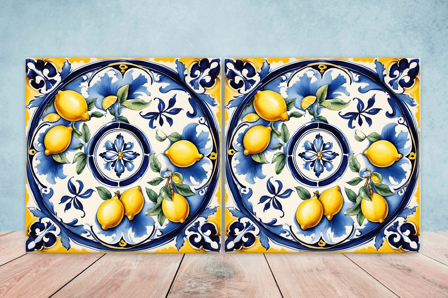 Italian Majolica Lemon Tiles - Set of 2 Italian Wall Decor Tiles - Kitchen Backsplash Tiles, Table Decorative Tiles, Bathroom Tiles, Coaster