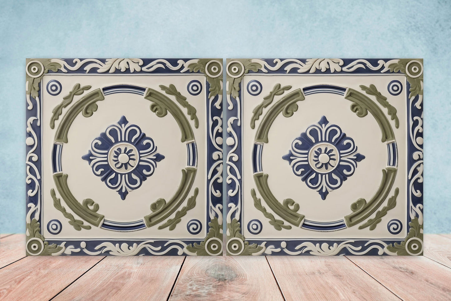 Greek Mediterranean Tiles - Set of 2 Greek Wall Decor Tiles - Kitchen Backsplash Tiles, Table Decorative Tiles, Bathroom Tiles, Coaster