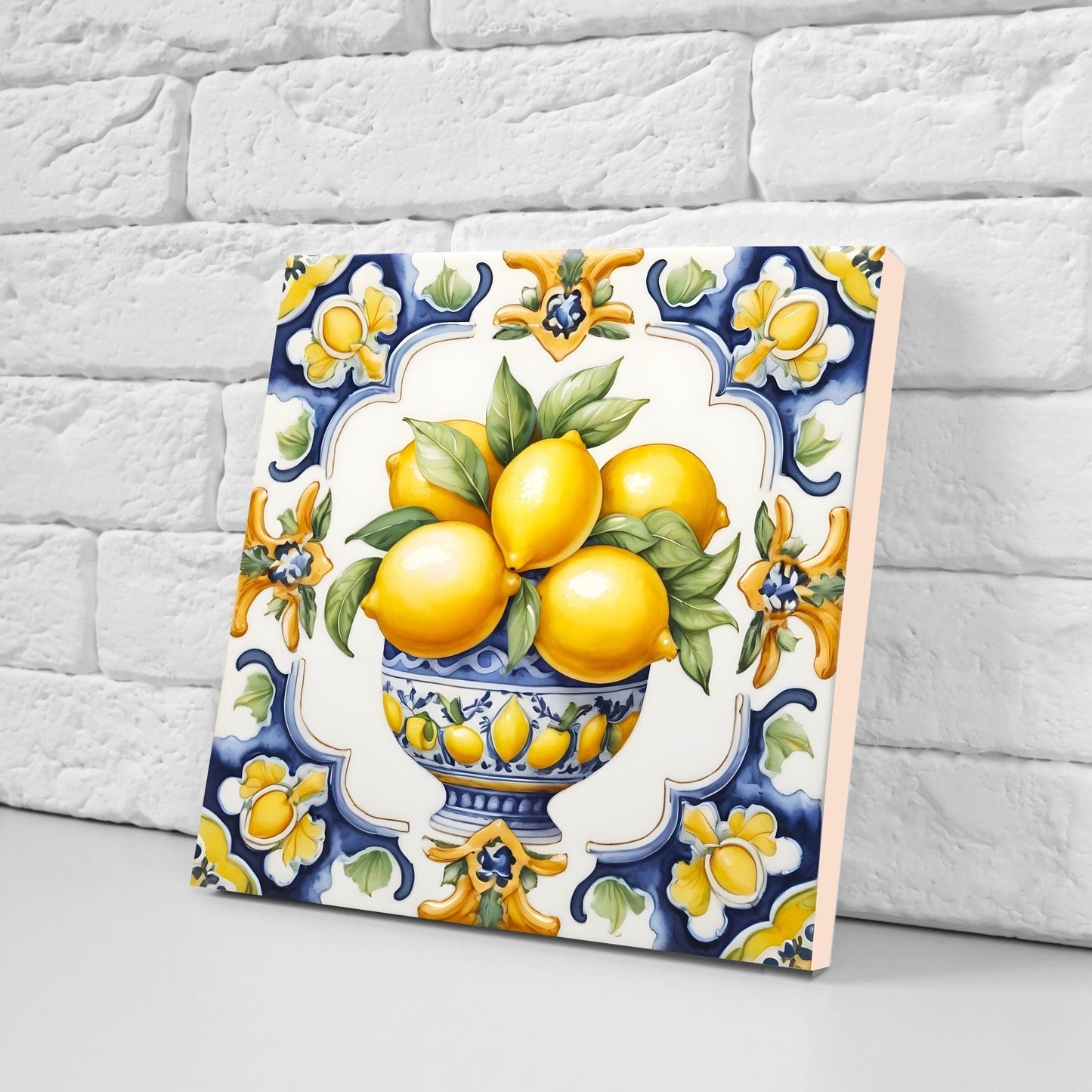 Italian Majolica Lemon Tiles - Set of 2 Italian Wall Decor Tiles - Kitchen Backsplash Tiles, Table Decorative Tiles, Bathroom Tiles, Coaster