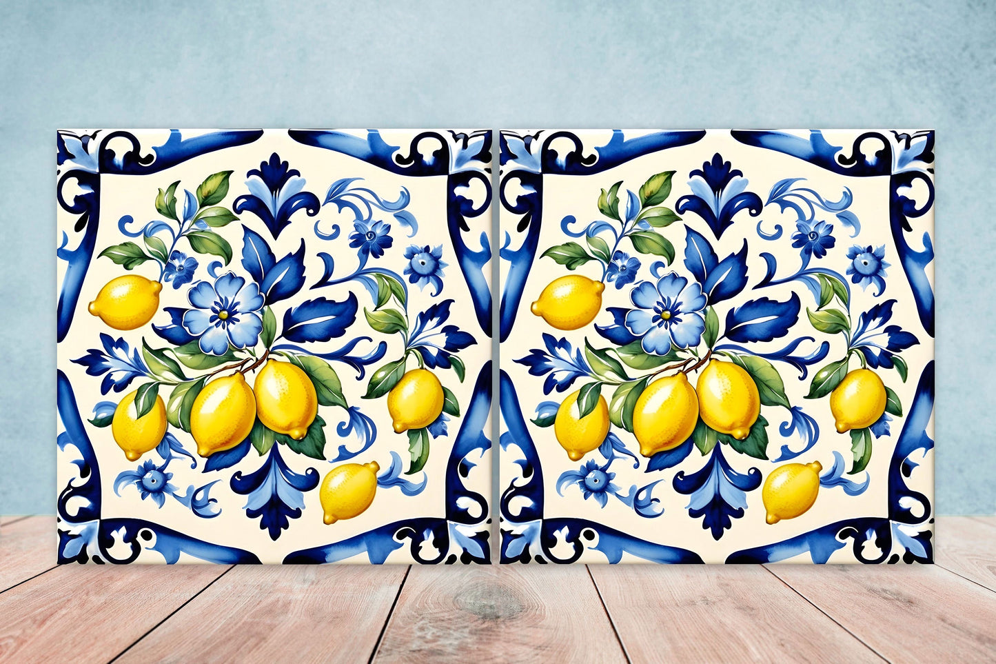 Italian Majolica Lemon Tiles - Set of 2 Italian Wall Decor Tiles - Kitchen Backsplash Tiles, Table Decorative Tiles, Bathroom Tiles, Coaster