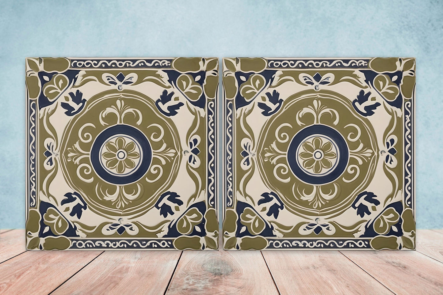 Greek Mediterranean Tiles - Set of 2 Greek Wall Decor Tiles - Kitchen Backsplash Tiles, Table Decorative Tiles, Bathroom Tiles, Coaster