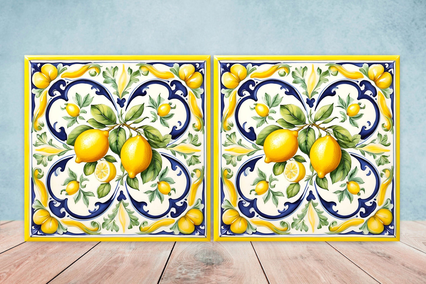 Italian Majolica Lemon Tiles - Set of 2 Italian Wall Decor Tiles - Kitchen Backsplash Tiles, Table Decorative Tiles, Bathroom Tiles, Coaster