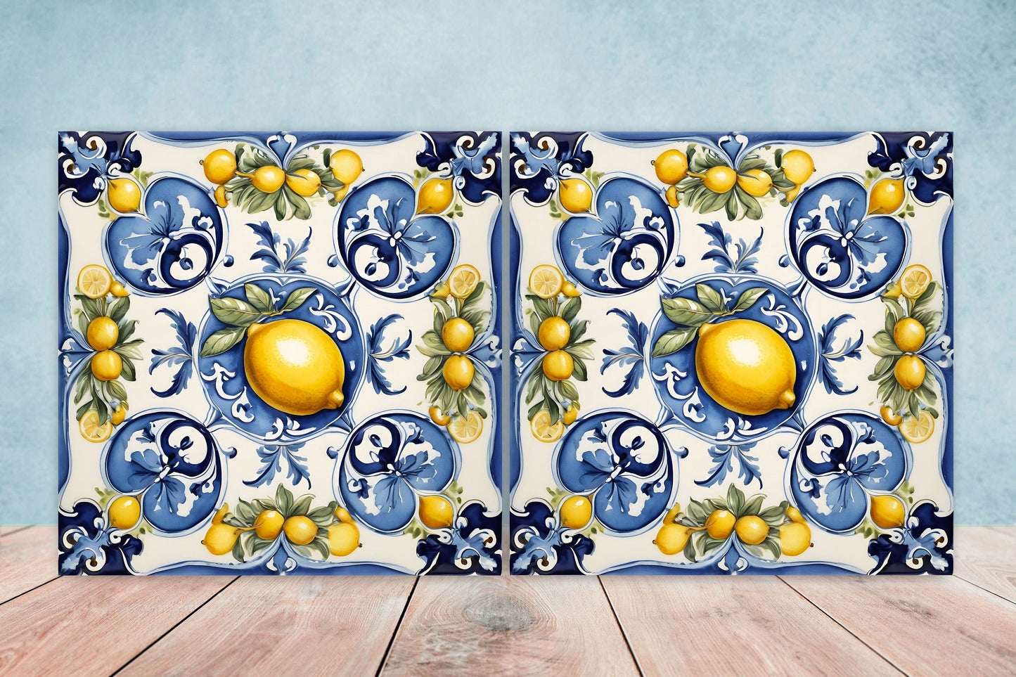 Italian Majolica Lemon Tiles - Set of 2 Italian Wall Decor Tiles - Kitchen Backsplash Tiles, Table Decorative Tiles, Bathroom Tiles, Coaster