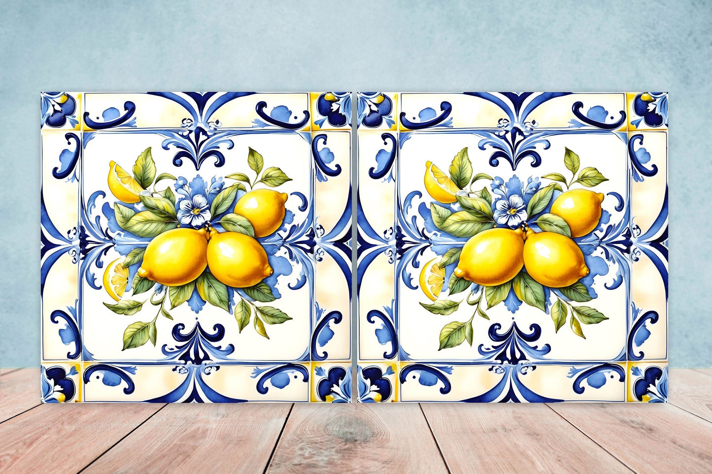 Italian Majolica Lemon Tiles - Set of 2 Italian Wall Decor Tiles - Kitchen Backsplash Tiles, Table Decorative Tiles, Bathroom Tiles, Coaster