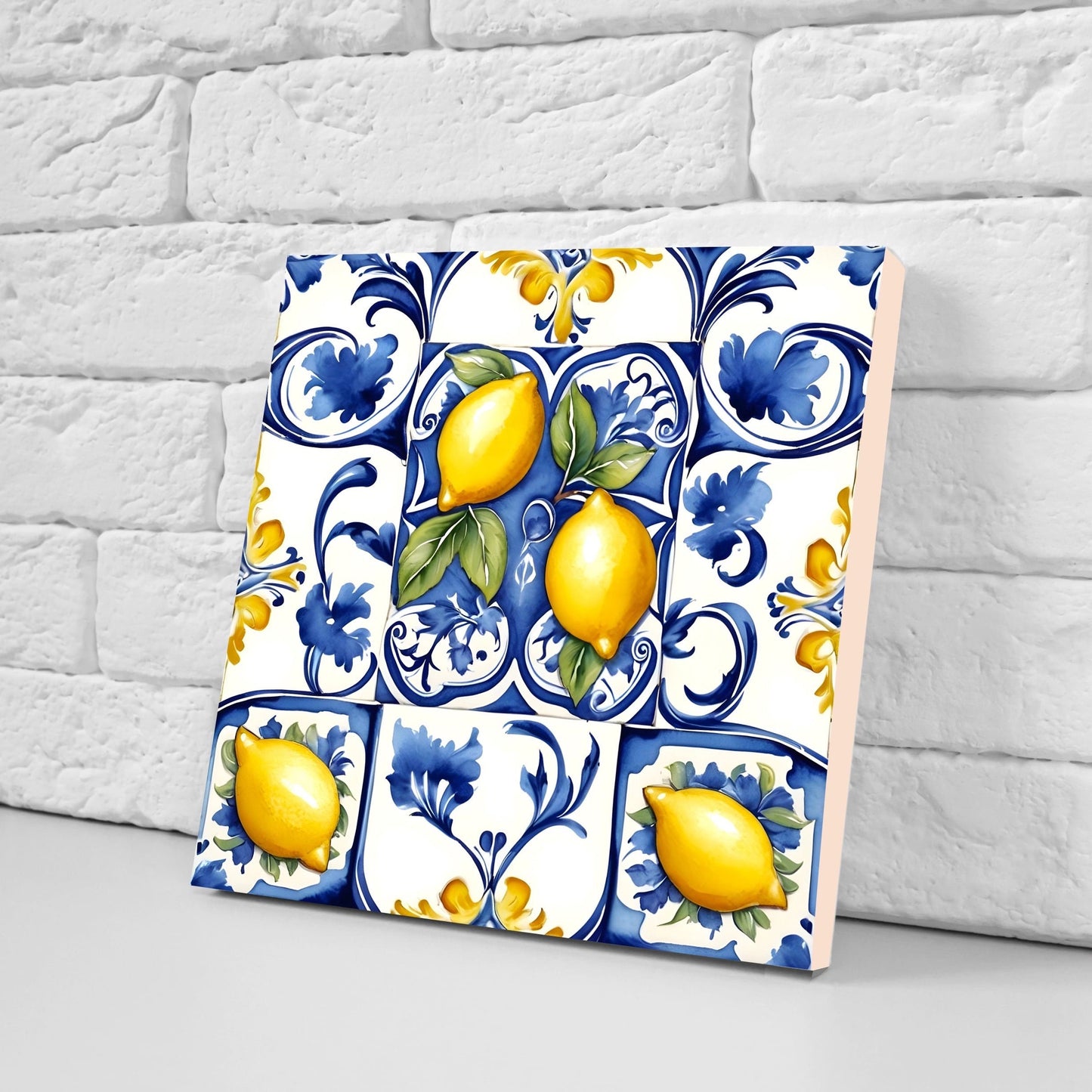 Italian Majolica Lemon Tiles - Set of 2 Italian Wall Decor Tiles - Kitchen Backsplash Tiles, Table Decorative Tiles, Bathroom Tiles, Coaster