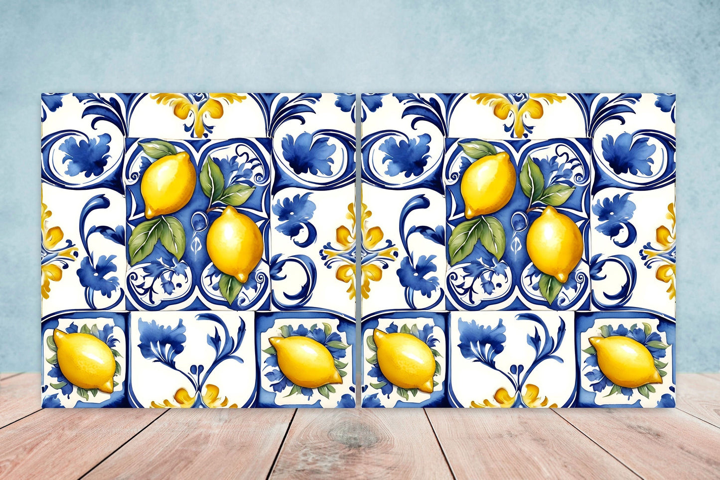 Italian Majolica Lemon Tiles - Set of 2 Italian Wall Decor Tiles - Kitchen Backsplash Tiles, Table Decorative Tiles, Bathroom Tiles, Coaster