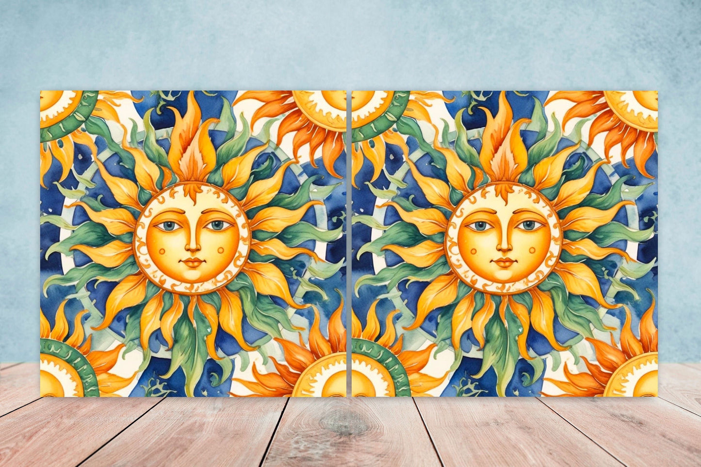 Italian Majolica Sun Tiles - Set of 2 Italian Wall Decor Tiles - Kitchen Backsplash Tiles, Table Decorative Tiles, Bathroom Tiles, Coaster