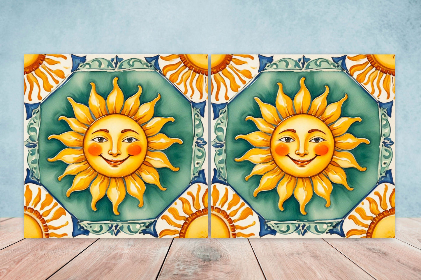 Italian Majolica Sun Tiles - Set of 2 Italian Wall Decor Tiles - Kitchen Backsplash Tiles, Table Decorative Tiles, Bathroom Tiles, Coaster