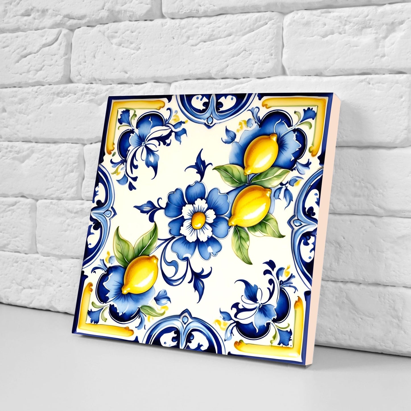 Italian Majolica Lemon Tiles - Set of 2 Italian Wall Decor Tiles - Kitchen Backsplash Tiles, Table Decorative Tiles, Bathroom Tiles, Coaster