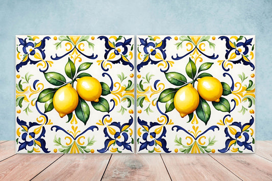 Italian Majolica Lemon Tiles - Set of 2 Italian Wall Decor Tiles - Kitchen Backsplash Tiles, Table Decorative Tiles, Bathroom Tiles, Coaster