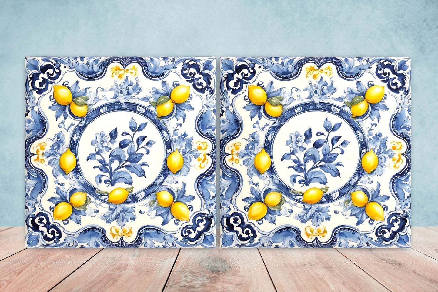 Italian Majolica Lemon Tiles - Set of 2 Italian Wall Decor Tiles - Kitchen Backsplash Tiles, Table Decorative Tiles, Bathroom Tiles, Coaster