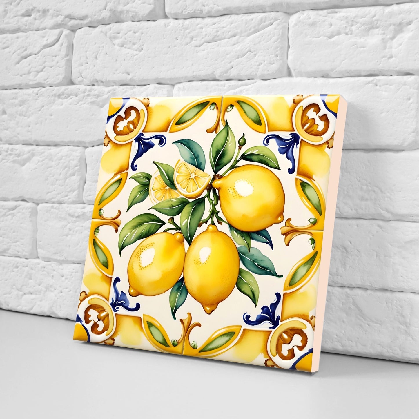 Italian Majolica Lemon Tiles - Set of 2 Italian Wall Decor Tiles - Kitchen Backsplash Tiles, Table Decorative Tiles, Bathroom Tiles, Coaster