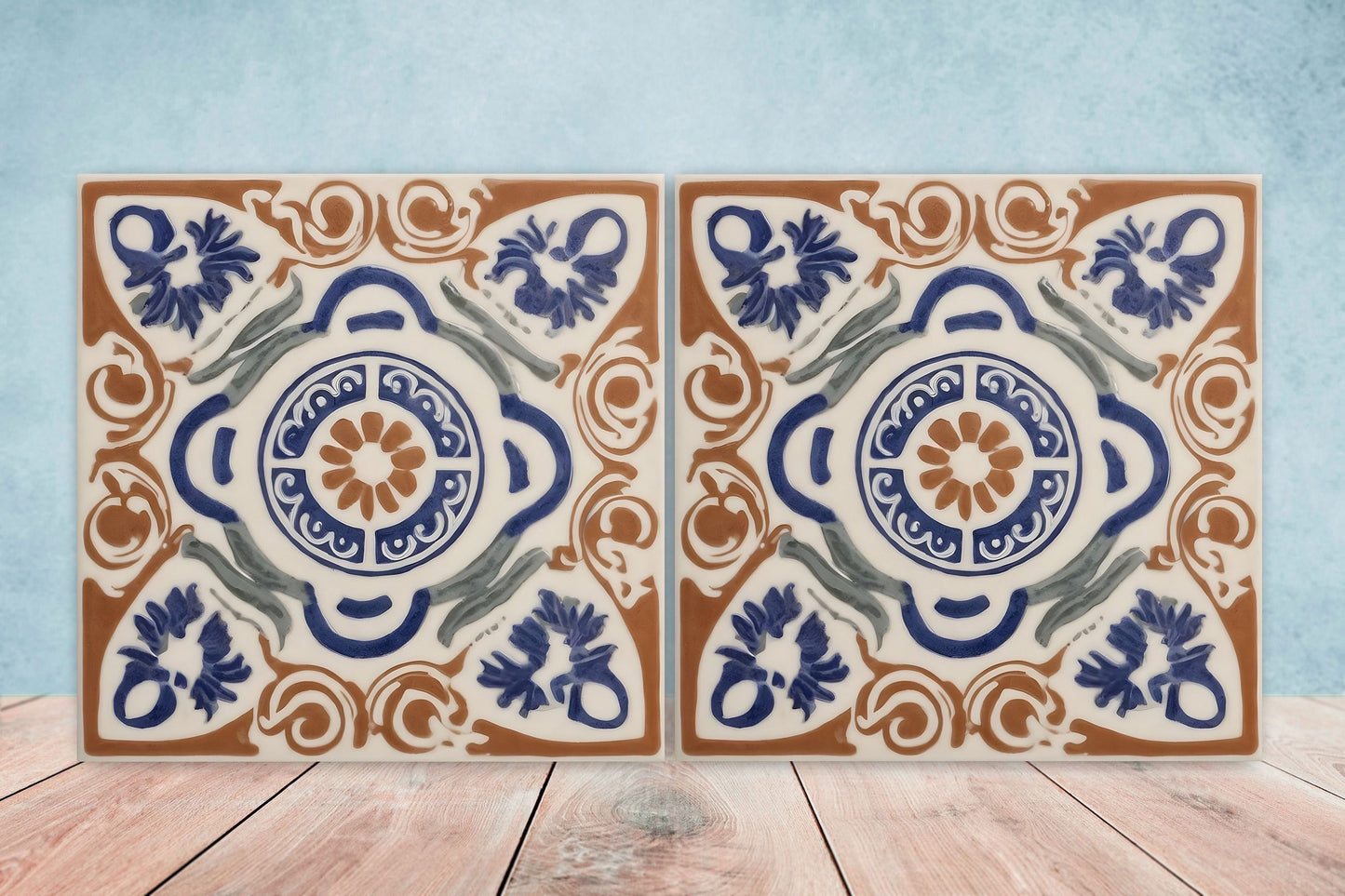 Greek Mediterranean Tiles - Set of 2 Greek Wall Decor Tiles - Kitchen Backsplash Tiles, Table Decorative Tiles, Bathroom Tiles, Coaster