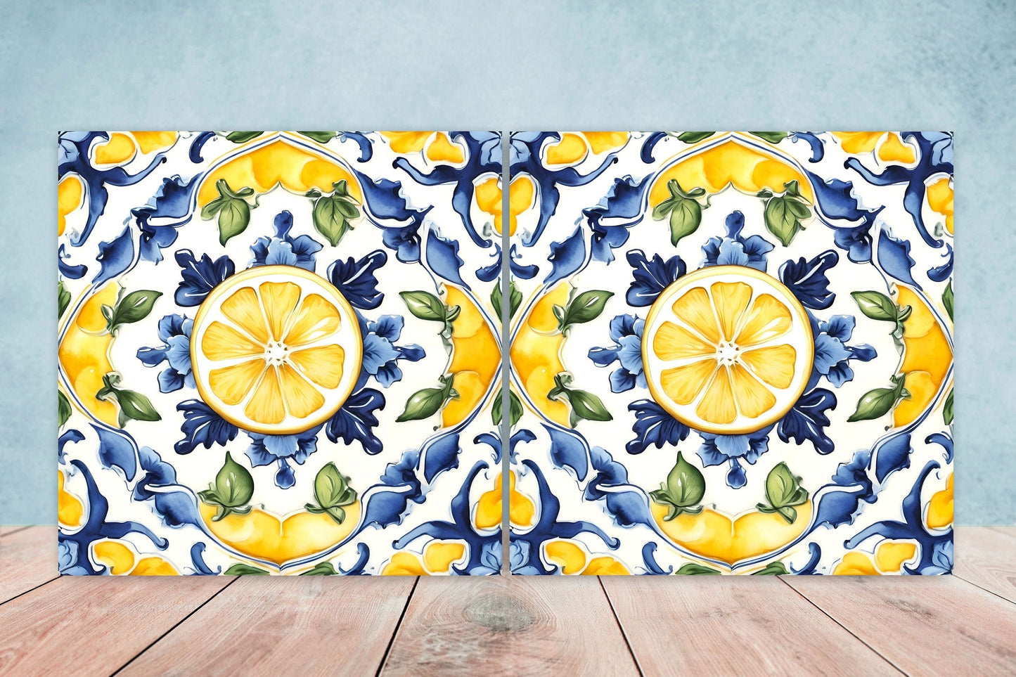 Italian Majolica Lemon Tiles - Set of 2 Italian Wall Decor Tiles - Kitchen Backsplash Tiles, Table Decorative Tiles, Bathroom Tiles, Coaster