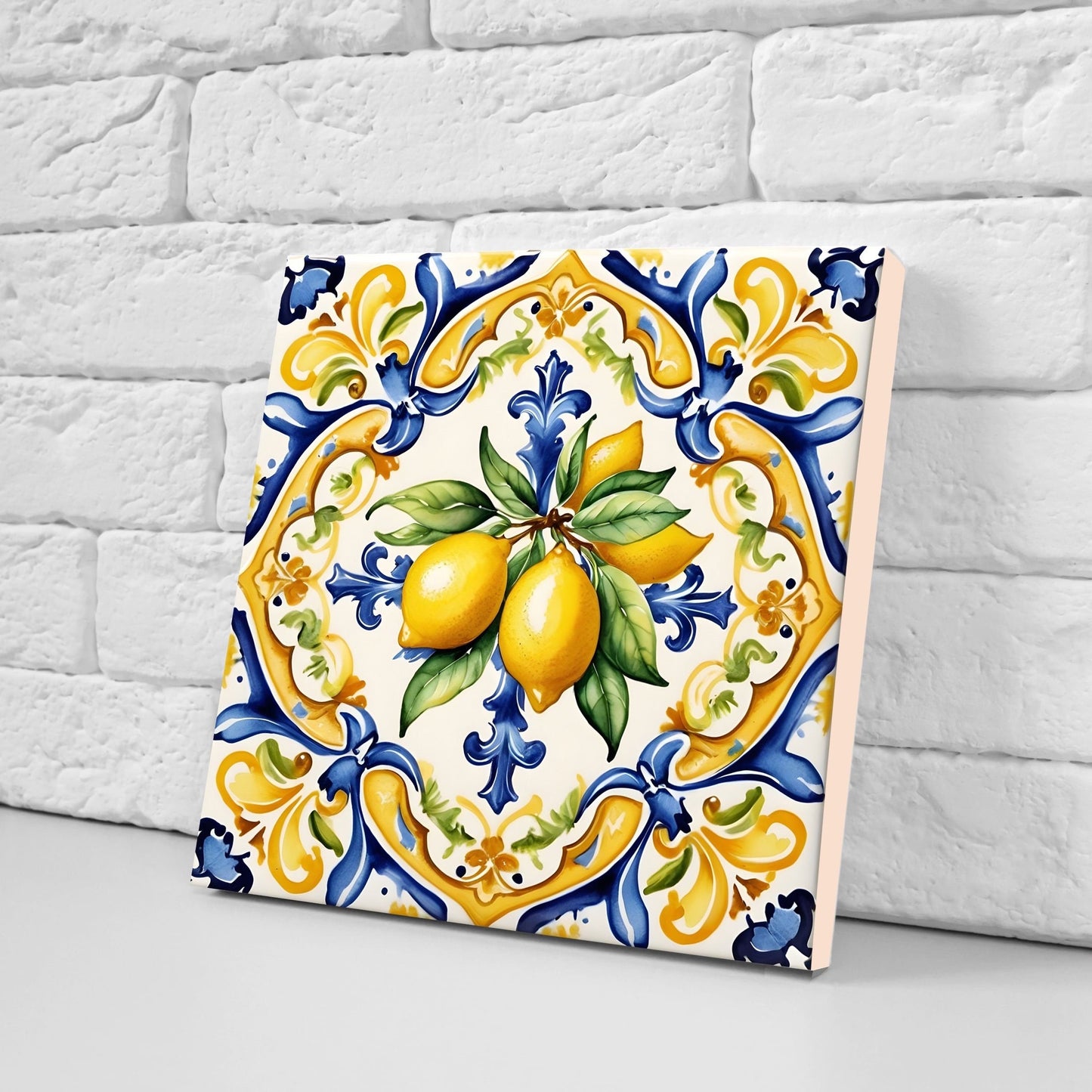 Italian Majolica Lemon Tiles - Set of 2 Italian Wall Decor Tiles - Kitchen Backsplash Tiles, Table Decorative Tiles, Bathroom Tiles, Coaster