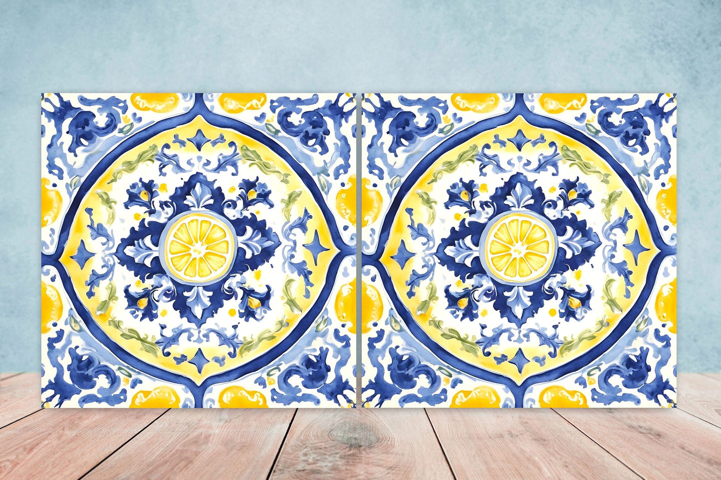 Italian Majolica Lemon Tiles - Set of 2 Italian Wall Decor Tiles - Kitchen Backsplash Tiles, Table Decorative Tiles, Bathroom Tiles, Coaster