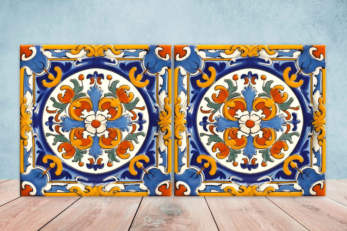 Italian Majolica Tiles - Set of 2 Sicilian Wall Decor Tiles - Kitchen Backsplash Tiles, Table Decorative Tiles, Bathroom Tiles, Coaster