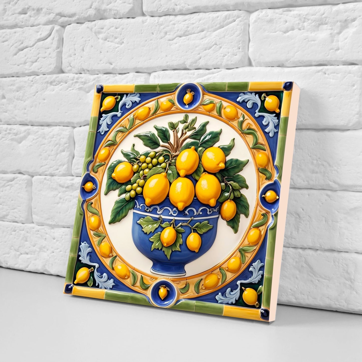 Italian Majolica Lemon Tiles - Set of 2 Italian Wall Decor Tiles - Kitchen Backsplash Tiles, Table Decorative Tiles, Bathroom Tiles, Coaster