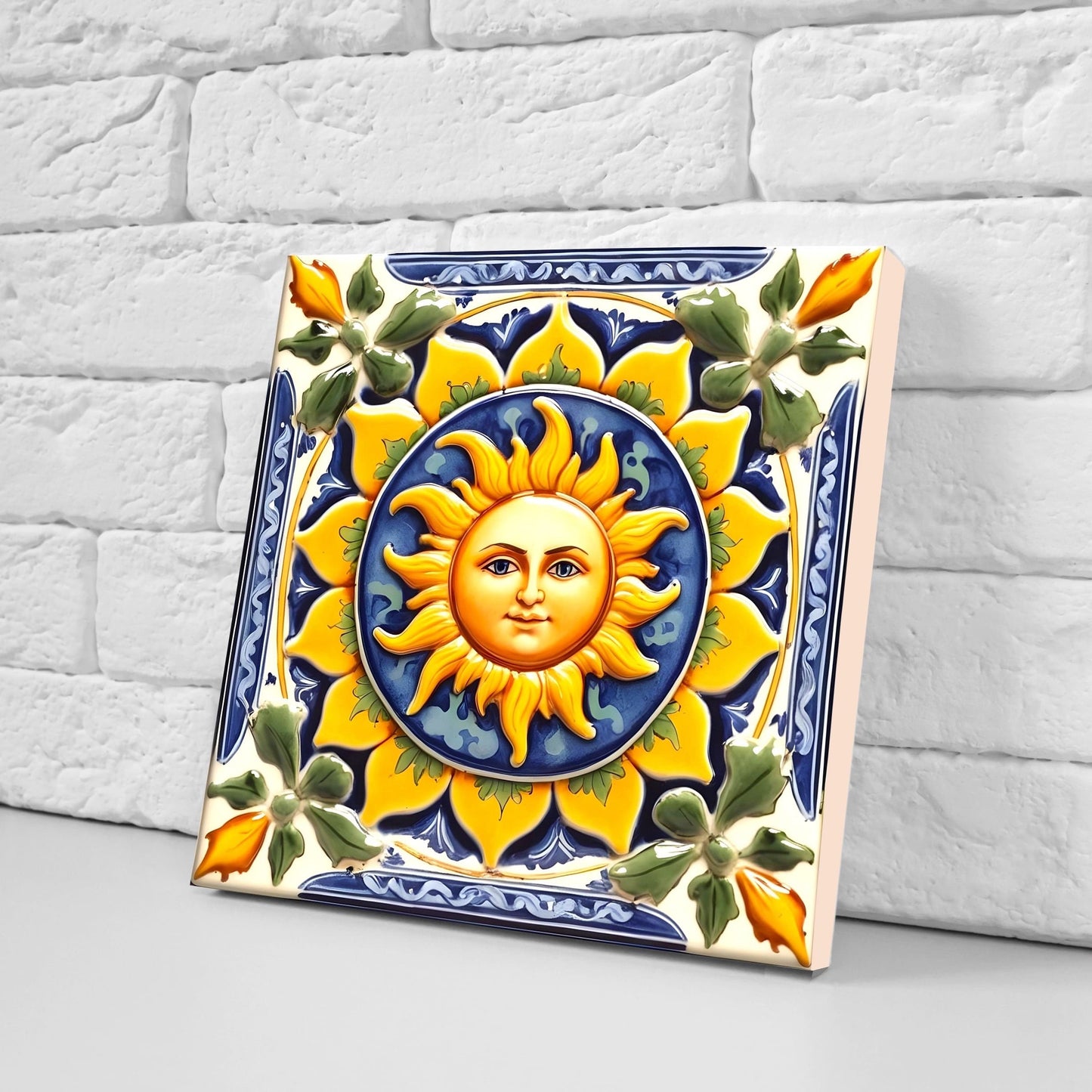 Italian Majolica Sun Tiles - Set of 2 Italian Wall Decor Tiles - Kitchen Backsplash Tiles, Table Decorative Tiles, Bathroom Tiles, Coaster