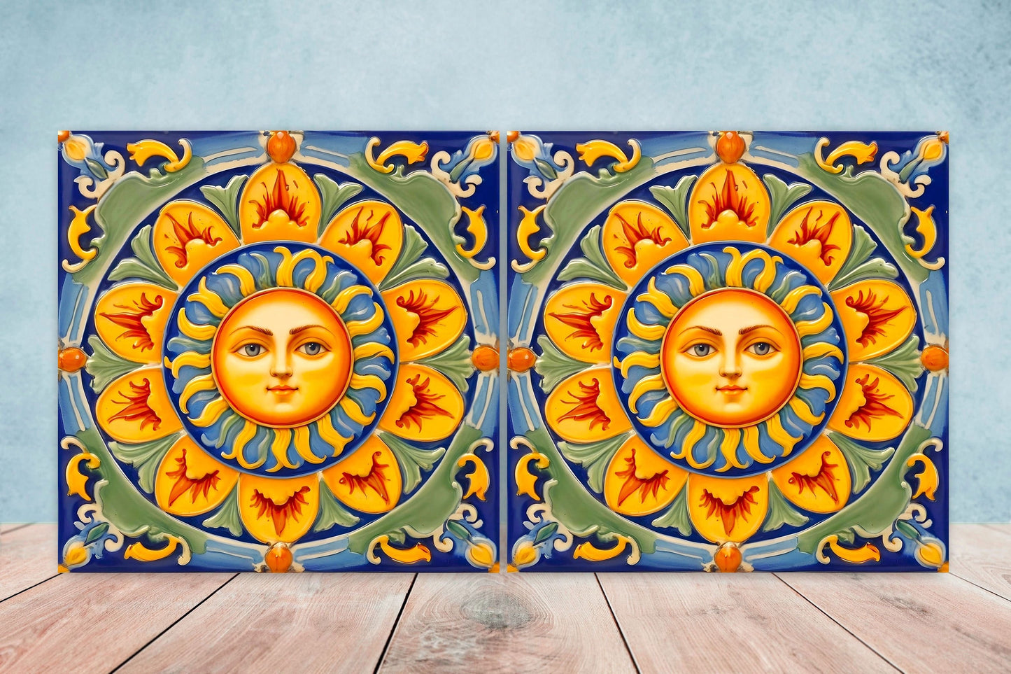 Italian Majolica Sun Tiles - Set of 2 Italian Wall Decor Tiles - Kitchen Backsplash Tiles, Table Decorative Tiles, Bathroom Tiles, Coaster