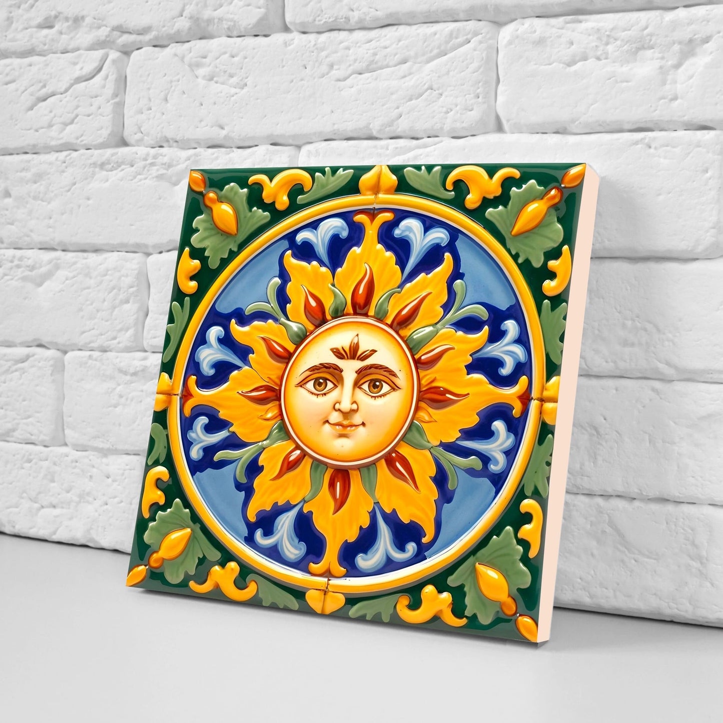 Italian Majolica Sun Tiles - Set of 2 Italian Wall Decor Tiles - Kitchen Backsplash Tiles, Table Decorative Tiles, Bathroom Tiles, Coaster