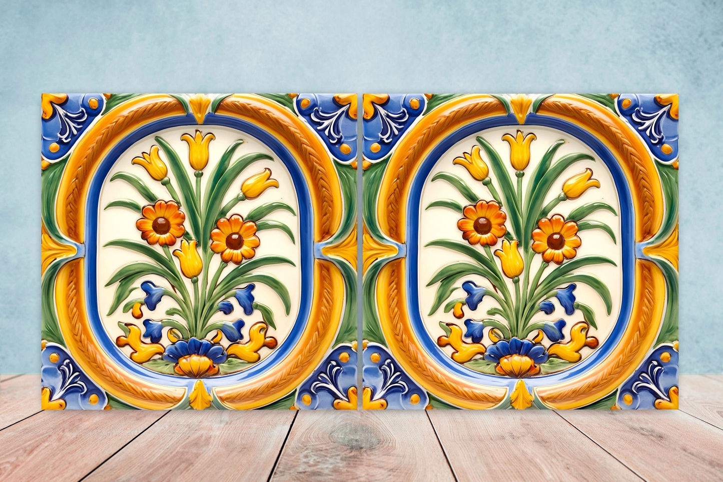 Italian Majolica Tiles - Set of 2 Sicilian Wall Decor Tiles - Kitchen Backsplash Tiles, Table Decorative Tiles, Bathroom Tiles, Coaster