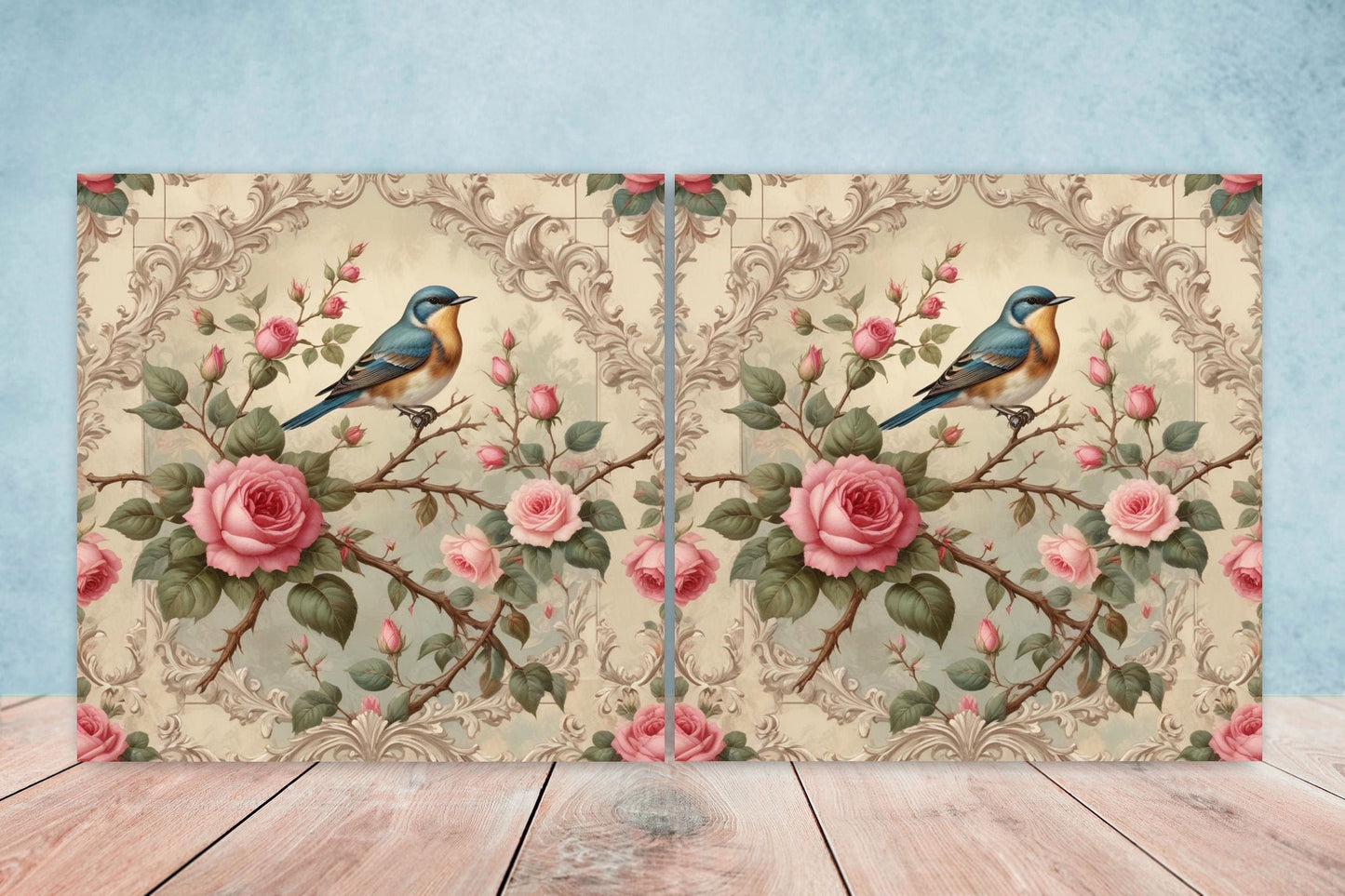 Victorian Tiles - Set of 2 Victorian Wall Decor Ceramic Bird Tiles-Kitchen Backsplash Tiles, Table Decorative Tiles, Bathroom Tiles, Coaster