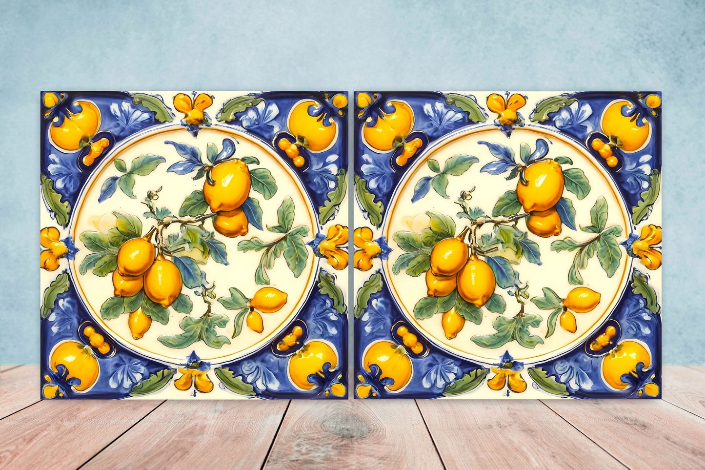 Italian Majolica Lemon Tiles - Set of 2 Italian Wall Decor Tiles - Kitchen Backsplash Tiles, Table Decorative Tiles, Bathroom Tiles, Coaster