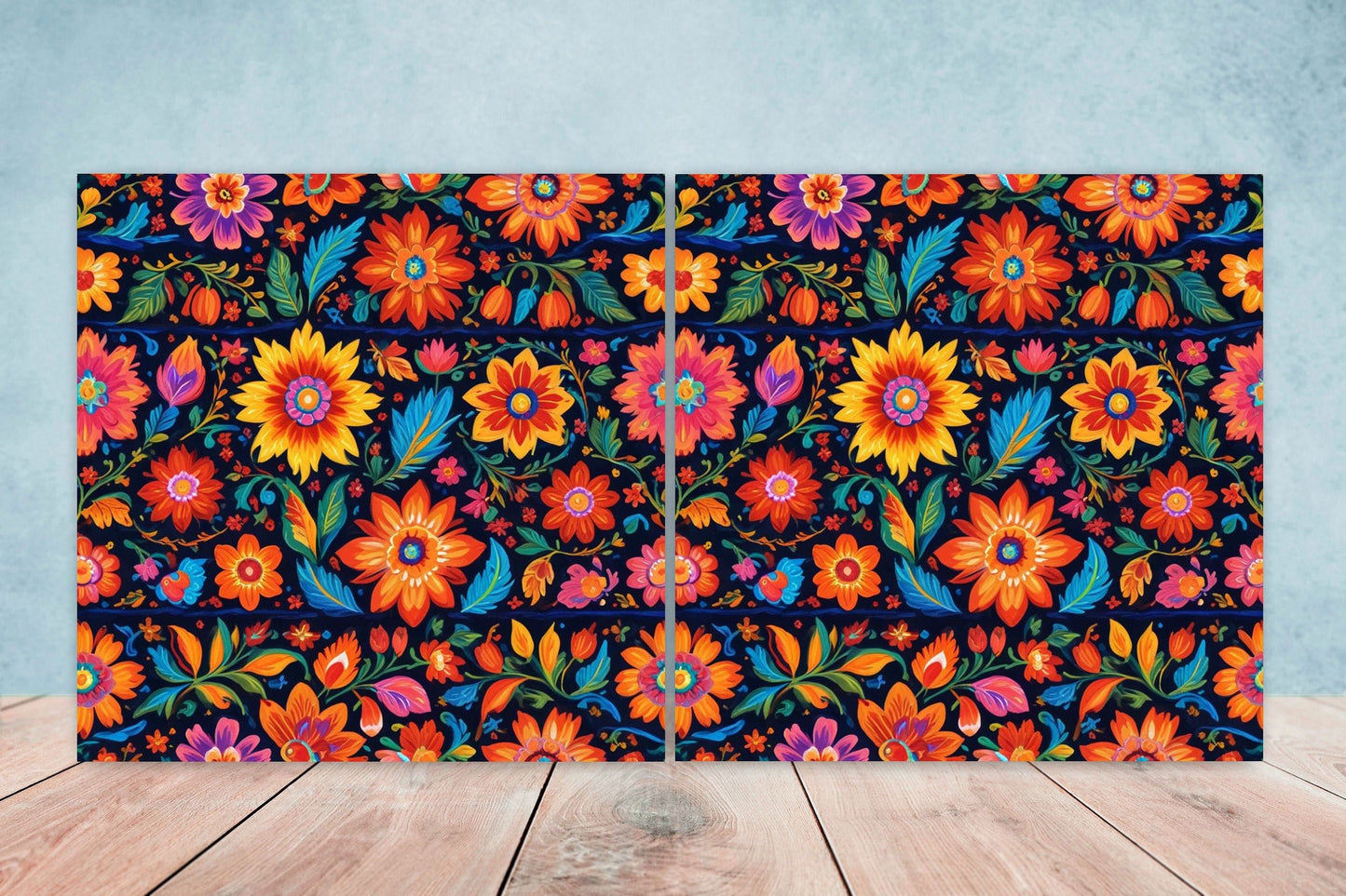 Mexican Ceramic tiles - Set of 2 Mexican Folk design Wall Decor Tiles, Flower Tiles, Kitchen Backsplash Tiles, Bathroom Tiles