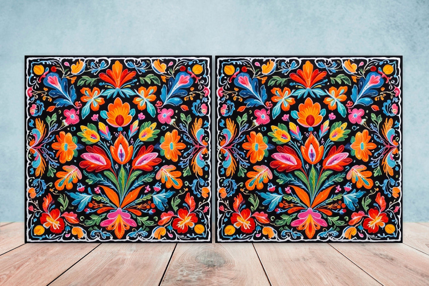 Mexican Ceramic tiles - Set of 2 Mexican Folk design Wall Decor Tiles, Flower Tiles, Kitchen Backsplash Tiles, Bathroom Tiles