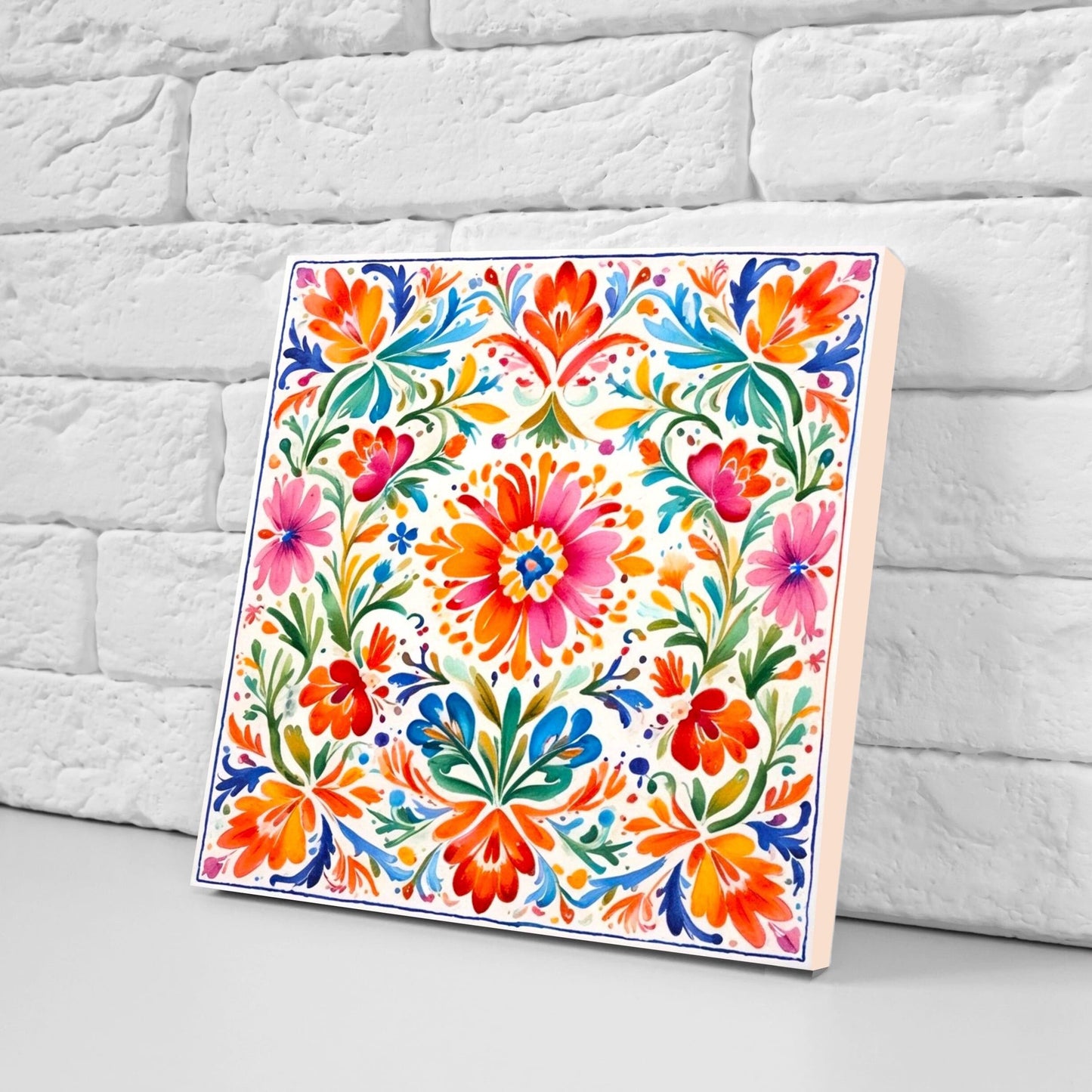 Mexican Ceramic tiles - Set of 2 Mexican Folk design Wall Decor Tiles, Flower Tiles, Kitchen Backsplash Tiles, Bathroom Tiles