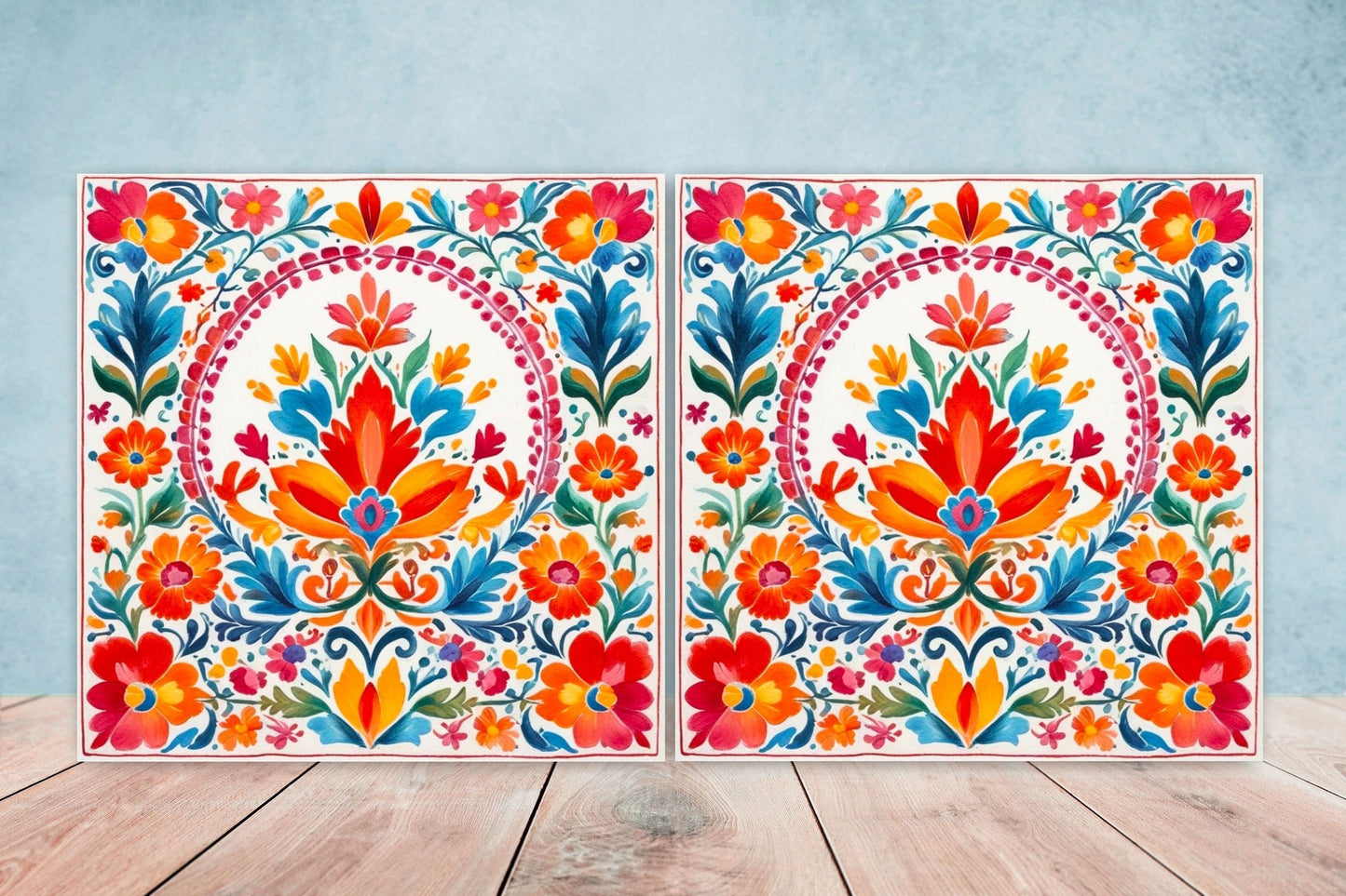 Mexican Ceramic tiles - Set of 2 Mexican Folk design Wall Decor Tiles, Flower Tiles, Kitchen Backsplash Tiles, Bathroom Tiles