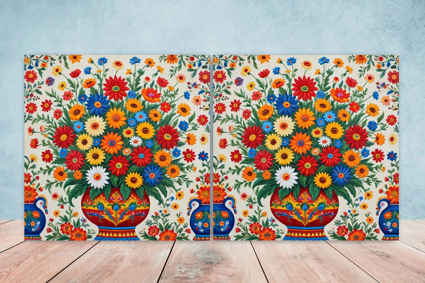 Mexican Ceramic tiles - Set of 2 Mexican Folk design Wall Decor Tiles, Flower Tiles, Floral Print - Kitchen Backsplash Tiles, Bathroom Tiles
