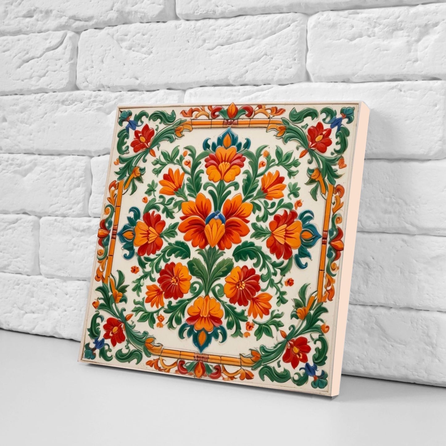 Mexican Ceramic tiles - Set of 2 Mexican Folk design Wall Decor Tiles, Flower Tiles, Floral Print - Kitchen Backsplash Tiles, Bathroom Tiles