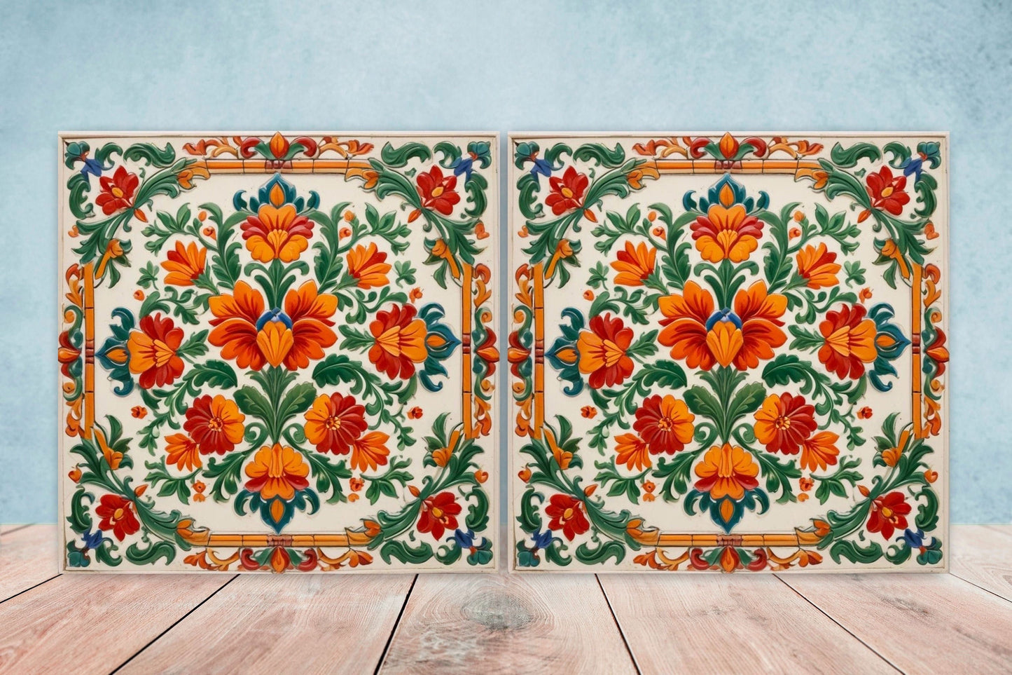 Mexican Ceramic tiles - Set of 2 Mexican Folk design Wall Decor Tiles, Flower Tiles, Floral Print - Kitchen Backsplash Tiles, Bathroom Tiles