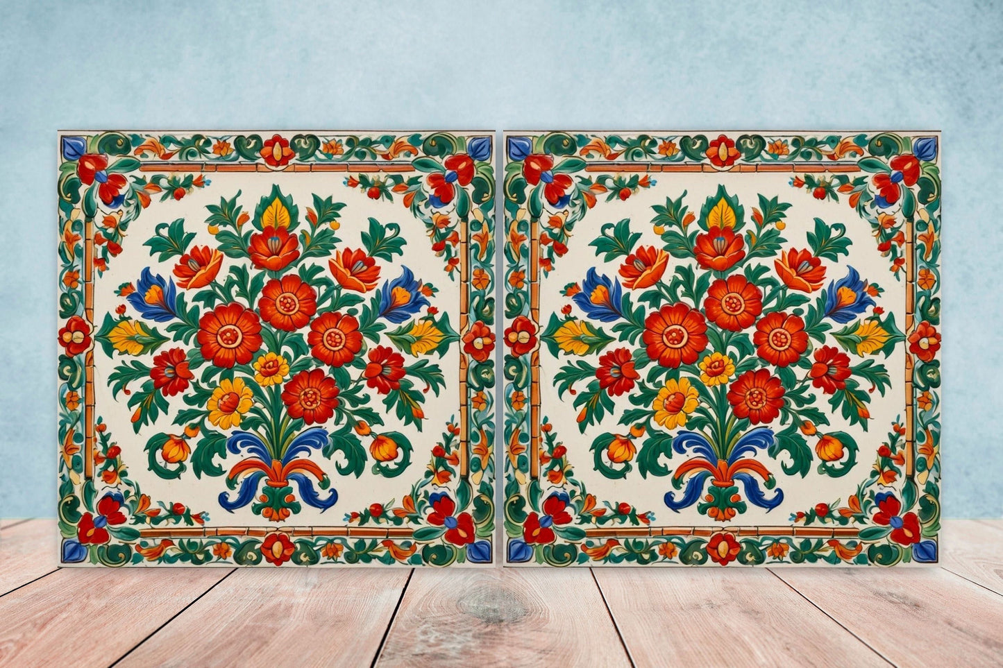 Mexican Ceramic tiles - Set of 2 Mexican Folk design Wall Decor Tiles, Flower Tiles, Floral Print - Kitchen Backsplash Tiles, Bathroom Tiles