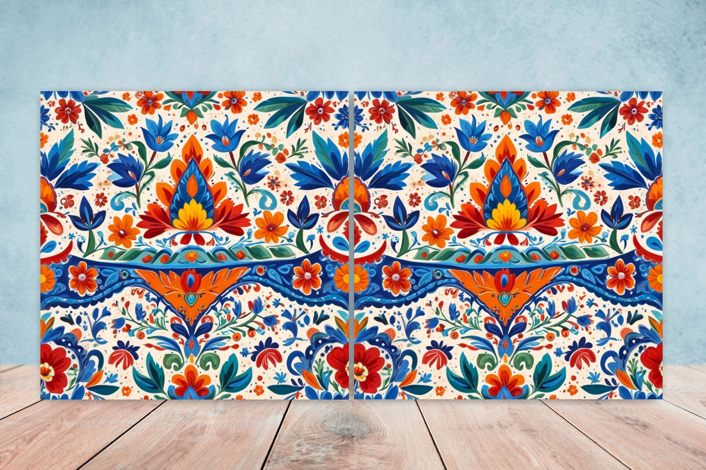 Mexican Ceramic tiles - Set of 2 Mexican Folk design Wall Decor Tiles, Flower Tiles, Floral Print - Kitchen Backsplash Tiles, Bathroom Tiles