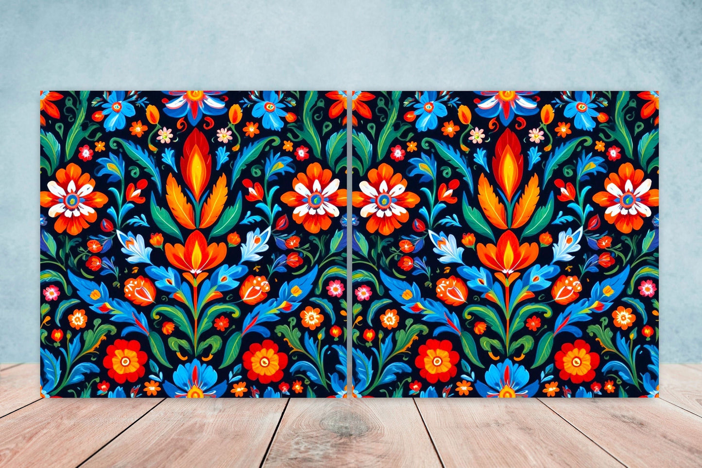 Mexican Ceramic tiles - Set of 2 Mexican Folk design Wall Decor Tiles, Flower Tiles, Floral Print - Kitchen Backsplash Tiles, Bathroom Tiles