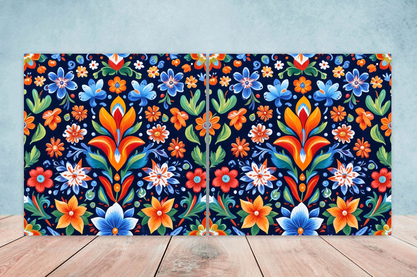 Mexican Ceramic tiles - Set of 2 Mexican Folk design Wall Decor Tiles, Flower Tiles, Floral Print - Kitchen Backsplash Tiles, Bathroom Tiles