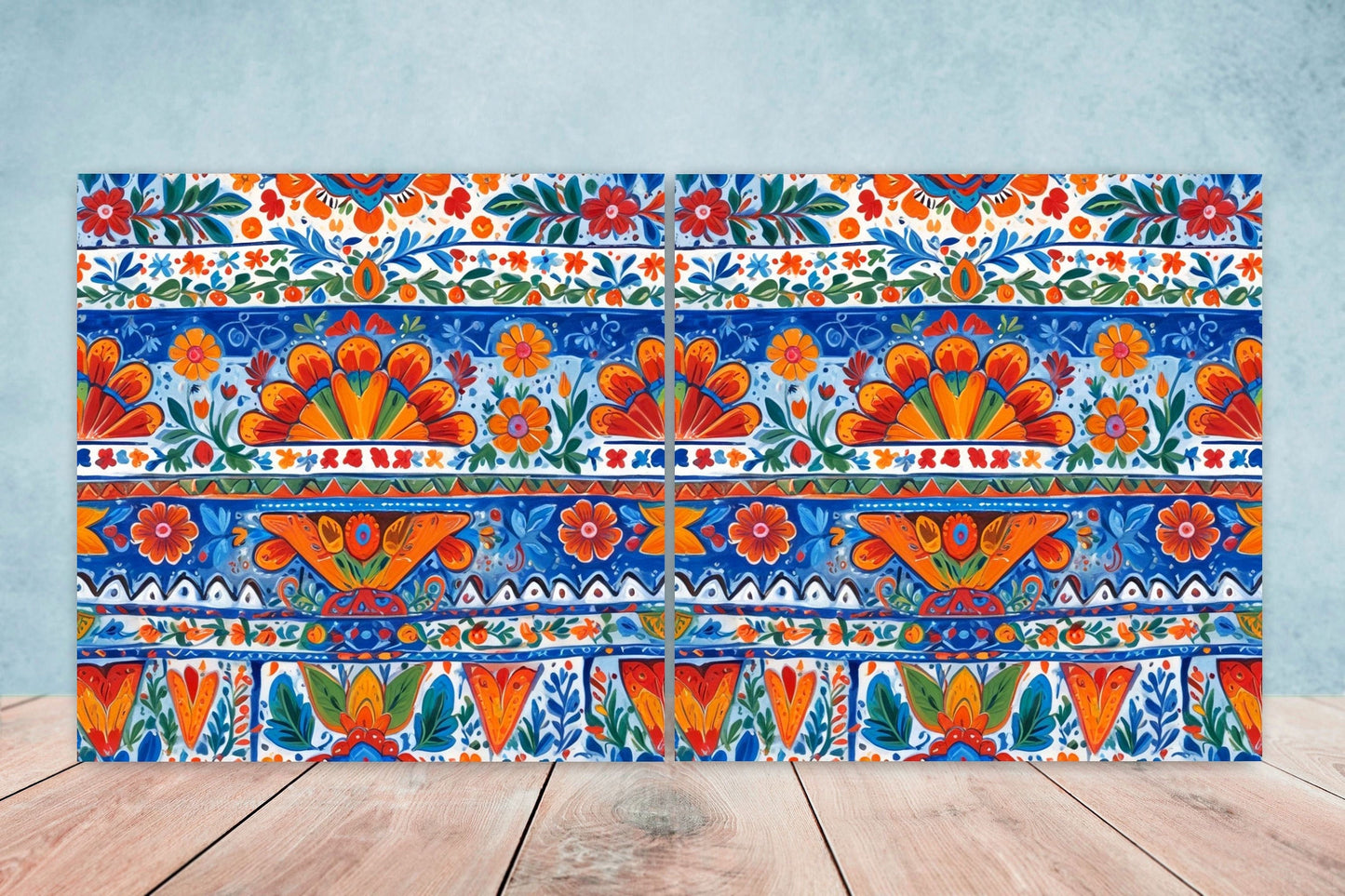 Mexican Ceramic tiles - Set of 2 Mexican Folk design Wall Decor Tiles, Flower Tiles, Floral Print - Kitchen Backsplash Tiles, Bathroom Tiles