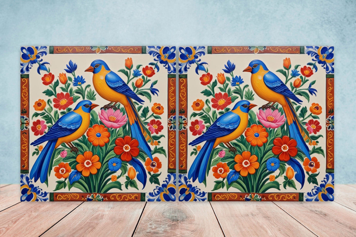 Mexican Ceramic tiles - Set of 2 Mexican Folk design Wall Decor Tiles, Bird Tiles, Birds Print - Kitchen Backsplash Tiles, Bathroom Tiles