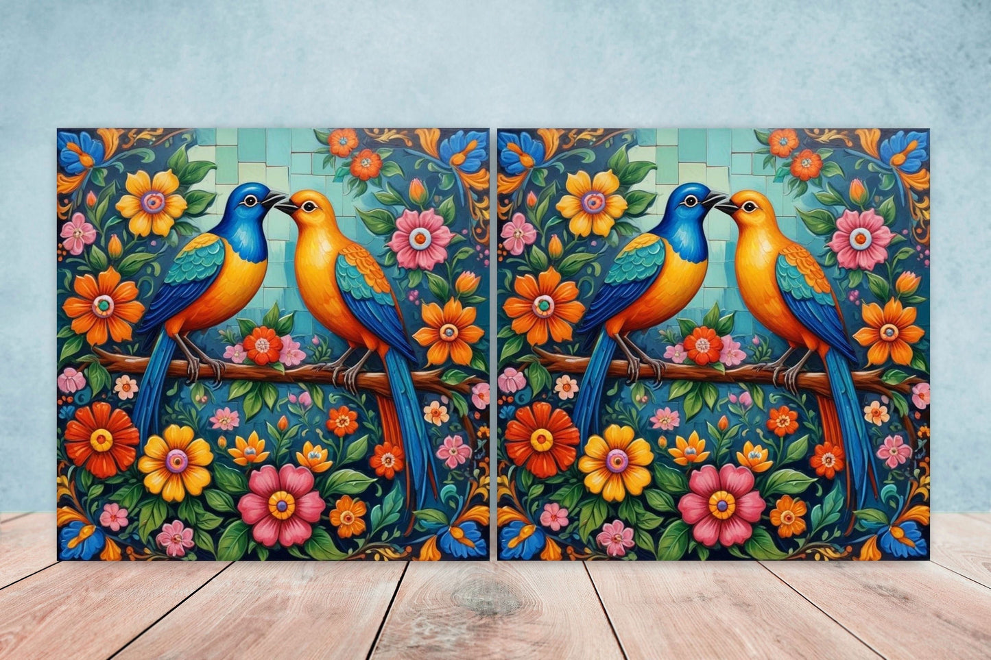 Mexican Ceramic tiles - Set of 2 Mexican Folk design Wall Decor Tiles, Bird Tiles, Birds Print - Kitchen Backsplash Tiles, Bathroom Tiles