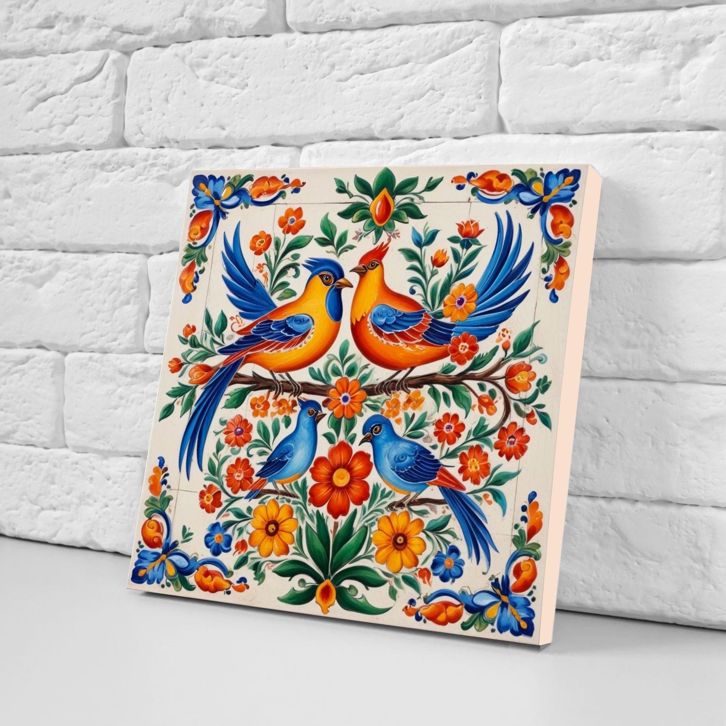 Mexican Ceramic tiles - Set of 2 Mexican Folk design Wall Decor Tiles, Bird Tiles, Birds Print - Kitchen Backsplash Tiles, Bathroom Tiles